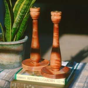 pair of wood candlesticks | handmade 1980s decor